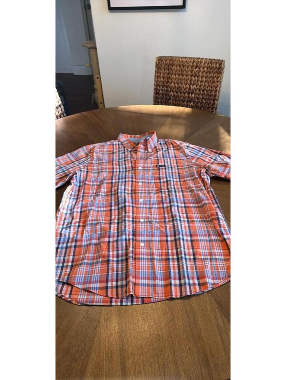 Chaps Orange, navy and white plaid short sleeve button-down, medium
